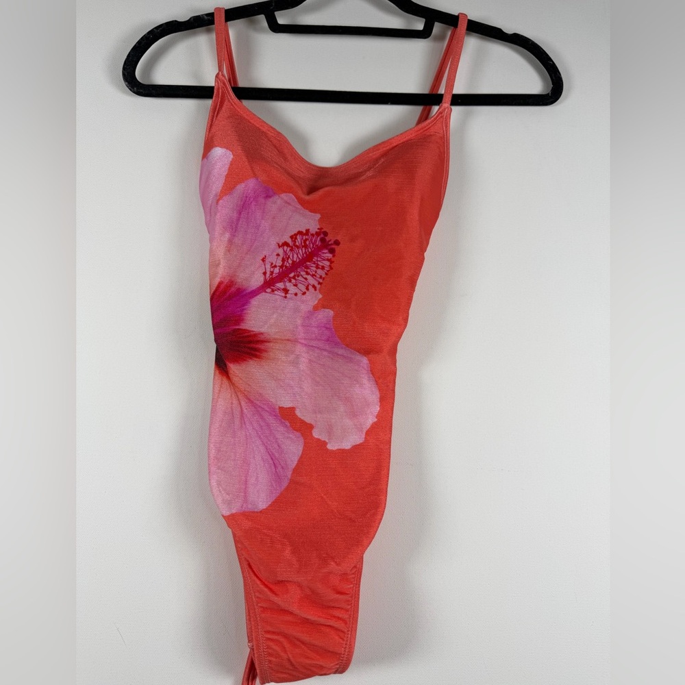 Women's Floral Print High Shine Straight Neck - One Piece Swimsuit -Orange XS - Picture 4 of 11
